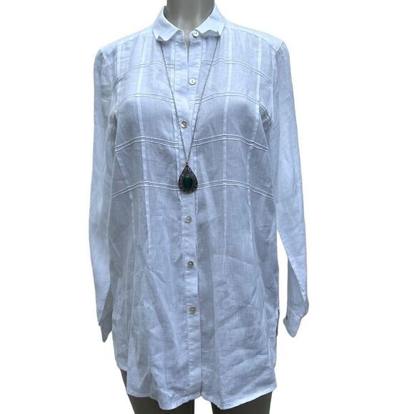 J. Jill Love Linen Tunic Blouse Women's Medium White Pintuck Plaid Button Front - Picture 1 of 15